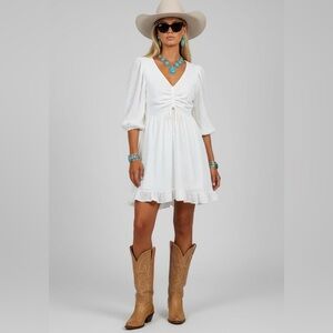 NEW White‎ Mini Dress Size Large Long Sleeve Ruffle Hem Drawstring V Neck